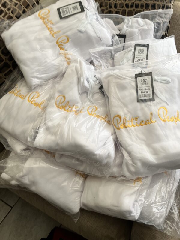 Political Peoples Logo Embroidered on a  White Hoodie - Image 3