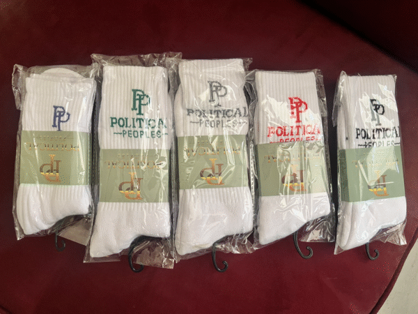 Political Peoples Logo on White Crew Socks